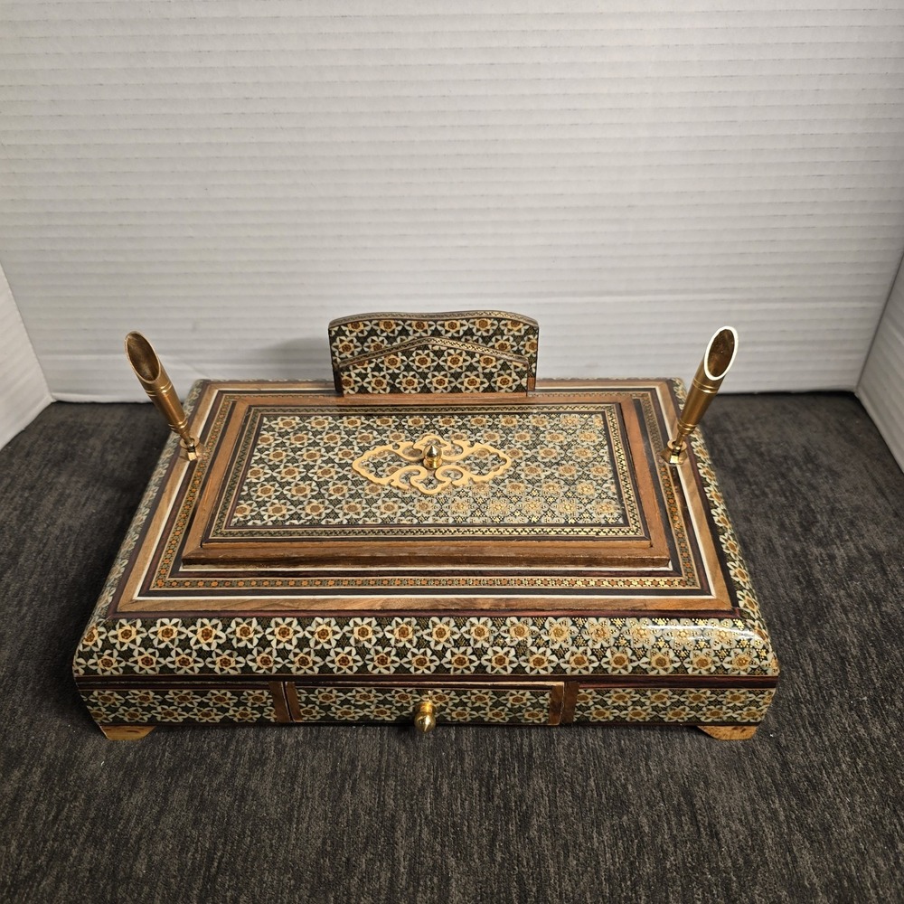 Handcrafted Inlay Desk Organizer Persian Khatam Marquetry Pen Card Holder Box